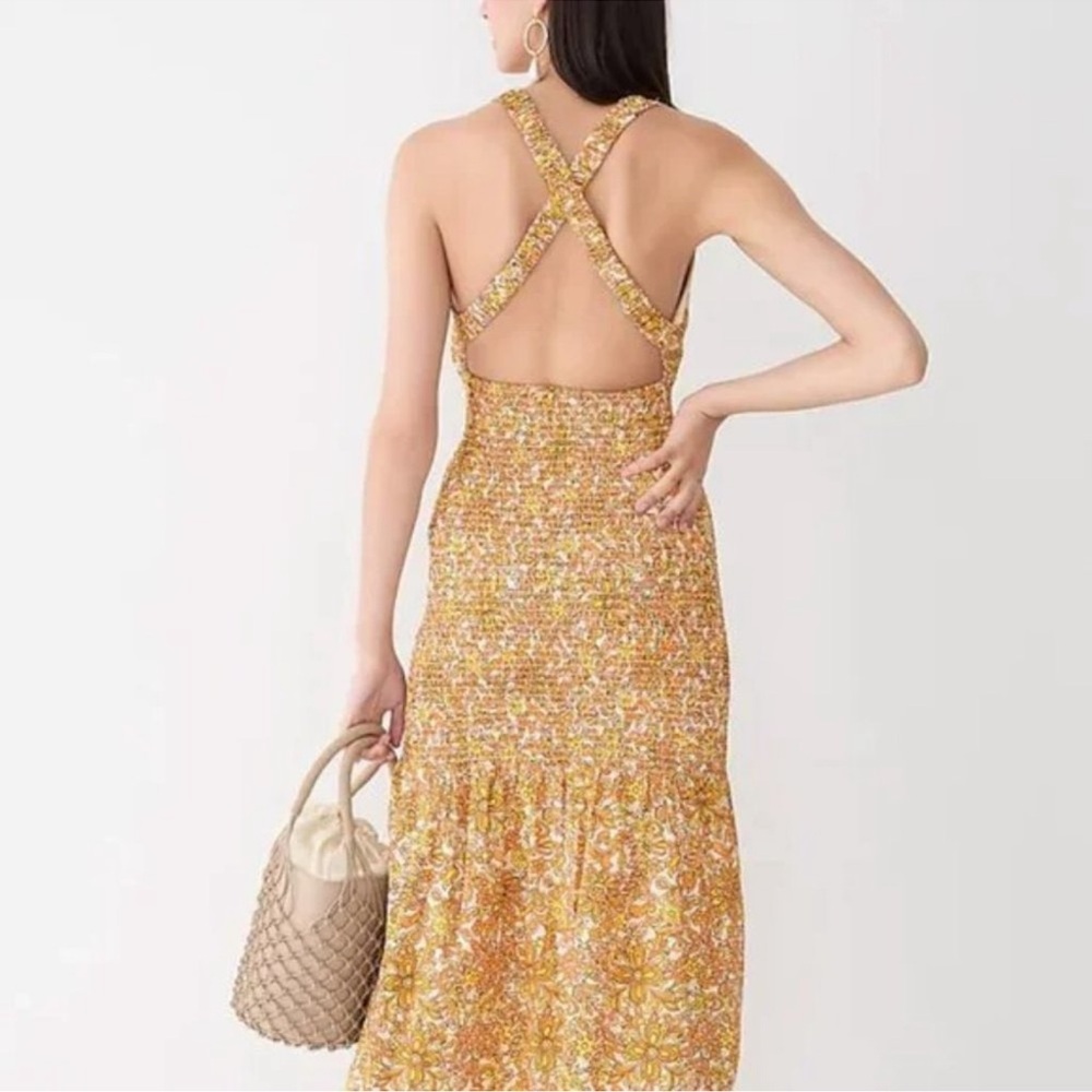 J Crew Collection Smocked Cross Back Dress in Medallion Floral Midi - Picture 4 of 8